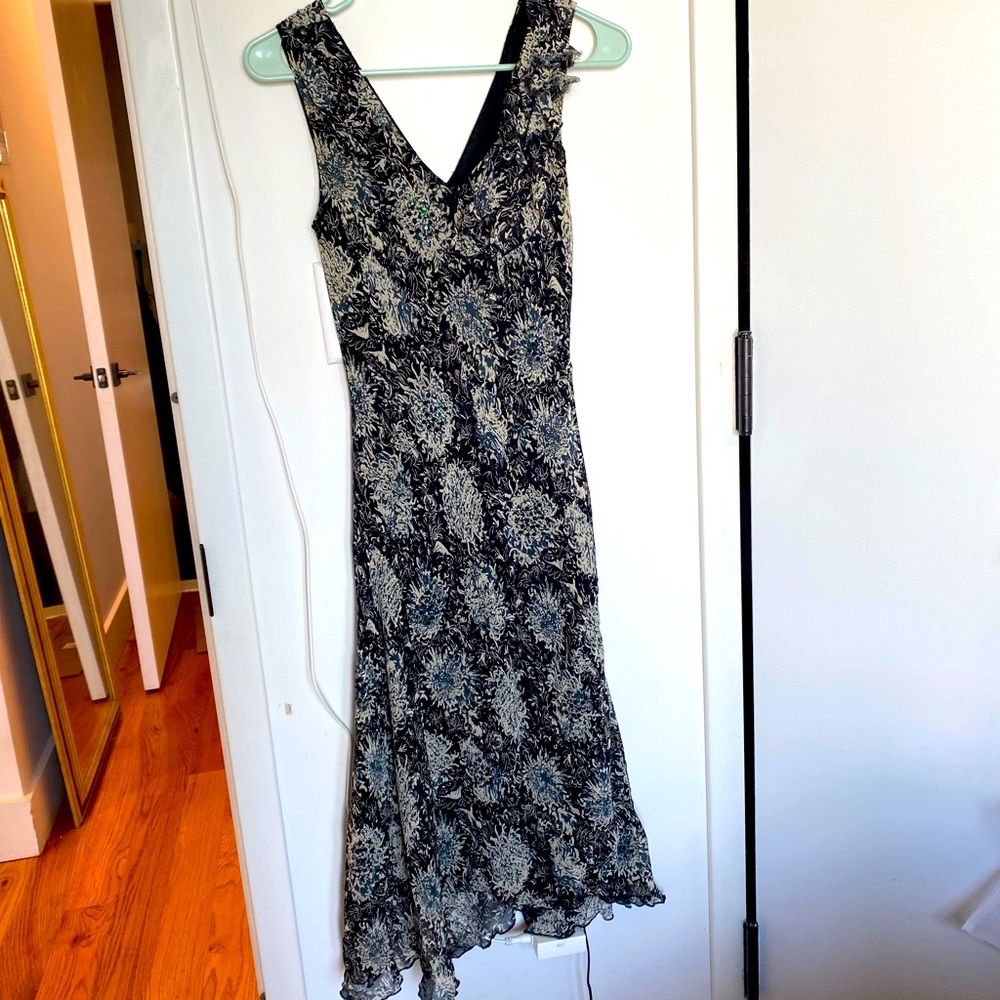Vintage Beaded Lapis Floral Dress Size Small